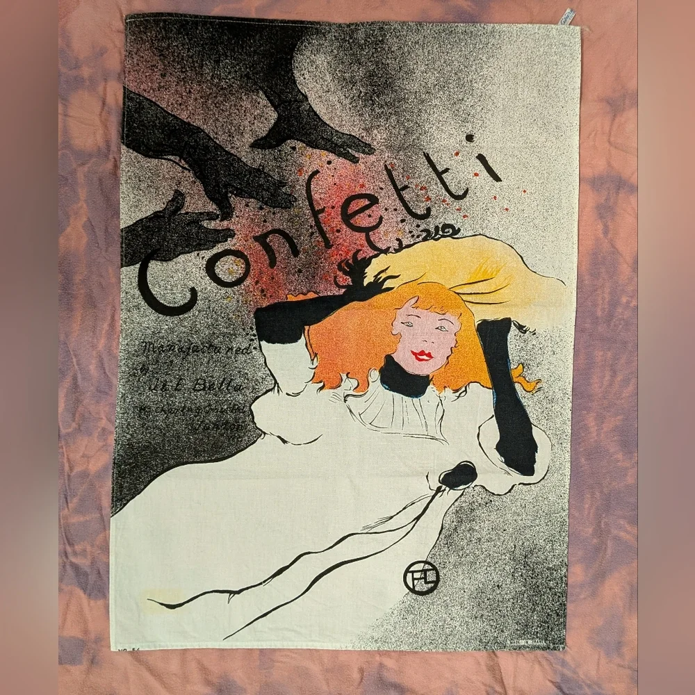 1960s French Toulouse Lautrec Confetti Print cotton towel art France vintage
